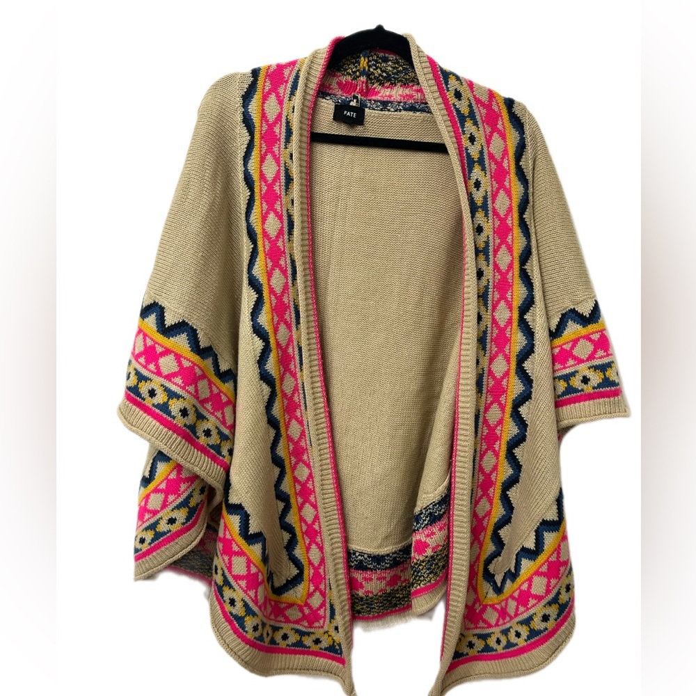 Anthropolgie Fate Wrap Poncho Shawl Tan, pink, and yellow Aztec print One Size